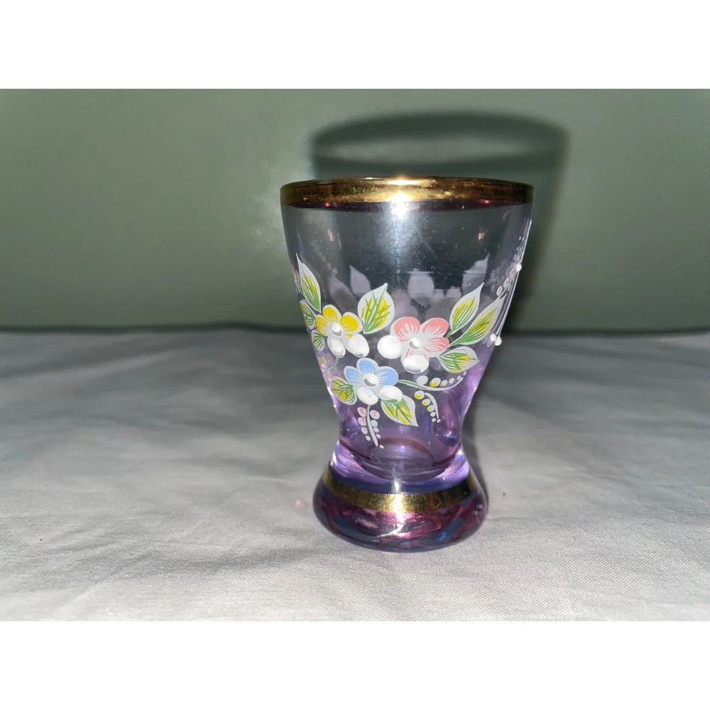 Vintage Purple Amethyst Glass Shot Glass Hand Painted Floral Gold Rim Pedestal